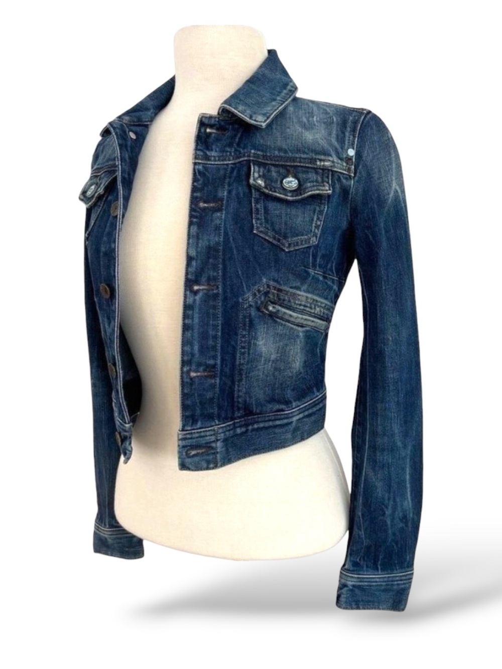 Diesel women jean trucker jacket crop pockets button up stretch blue denim XS